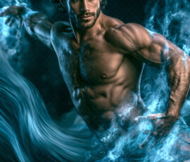 AI-generated abstract art of handsome men controlling swirling vortexes of colorful fluid and water in motion. Dynamic, surreal, vivid digital male art by Jeff Dupler.