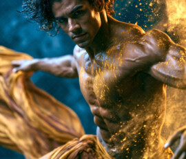 AI-generated abstract art of handsome men controlling swirling vortexes of colorful fluid and water in motion. Dynamic, surreal, vivid digital male art by Jeff Dupler.