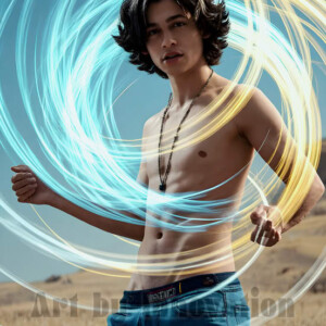 AI-generated abstract art of handsome shirtless men dancing with colorful dynamic light rays wrapping around their bodies. Cosmic, surreal, vivid digital art by Jeff Dupler.