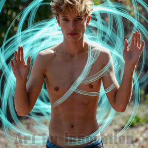 AI-generated abstract art of handsome shirtless men dancing with colorful dynamic light rays wrapping around their bodies. Cosmic, surreal, vivid digital art by Jeff Dupler.