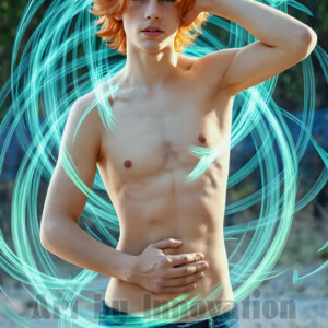 AI-generated abstract art of handsome shirtless men dancing with colorful dynamic light rays wrapping around their bodies. Cosmic, surreal, vivid digital art by Jeff Dupler.