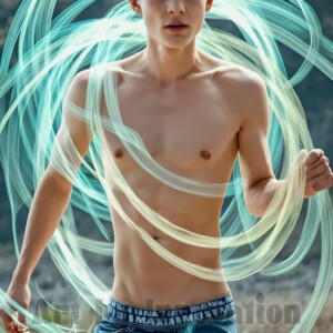 AI-generated abstract art of handsome shirtless men dancing with colorful dynamic light rays wrapping around their bodies. Cosmic, surreal, vivid digital art by Jeff Dupler.