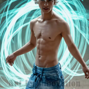 AI-generated abstract art of handsome shirtless men dancing with colorful dynamic light rays wrapping around their bodies. Cosmic, surreal, vivid digital art by Jeff Dupler.
