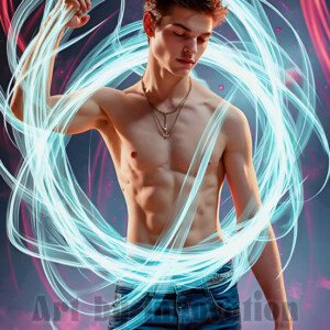 AI-generated abstract art of handsome shirtless men dancing with colorful dynamic light rays wrapping around their bodies. Cosmic, surreal, vivid digital art by Jeff Dupler.