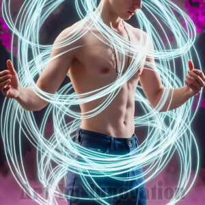 AI-generated abstract art of handsome shirtless men dancing with colorful dynamic light rays wrapping around their bodies. Cosmic, surreal, vivid digital art by Jeff Dupler.