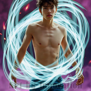 AI-generated abstract art of handsome shirtless men dancing with colorful dynamic light rays wrapping around their bodies. Cosmic, surreal, vivid digital art by Jeff Dupler.