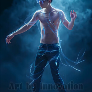AI-generated abstract art of handsome shirtless men dancing with colorful dynamic light rays wrapping around their bodies. Cosmic, surreal, vivid digital art by Jeff Dupler.