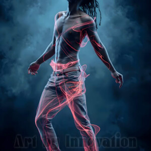 AI-generated abstract art of handsome shirtless men dancing with colorful dynamic light rays wrapping around their bodies. Cosmic, surreal, vivid digital art by Jeff Dupler.