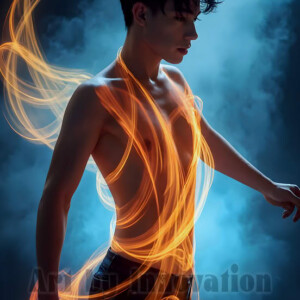 AI-generated abstract art of handsome shirtless men dancing with colorful dynamic light rays wrapping around their bodies. Cosmic, surreal, vivid digital art by Jeff Dupler.