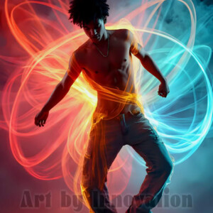 AI-generated abstract art of handsome shirtless men dancing with colorful dynamic light rays wrapping around their bodies. Cosmic, surreal, vivid digital art by Jeff Dupler.