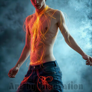 AI-generated abstract art of handsome shirtless men dancing with colorful dynamic light rays wrapping around their bodies. Cosmic, surreal, vivid digital art by Jeff Dupler.