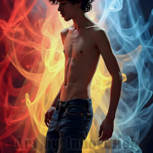 AI-generated abstract art of handsome shirtless men dancing with colorful dynamic light rays wrapping around their bodies. Cosmic, surreal, vivid digital art by Jeff Dupler.