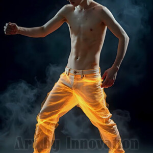 AI-generated abstract art of handsome shirtless men dancing with colorful dynamic light rays wrapping around their bodies. Cosmic, surreal, vivid digital art by Jeff Dupler.
