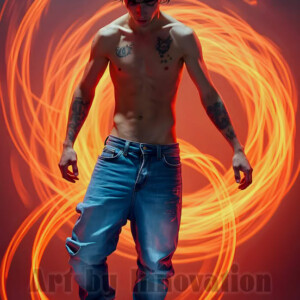 AI-generated abstract art of handsome shirtless men dancing with colorful dynamic light rays wrapping around their bodies. Cosmic, surreal, vivid digital art by Jeff Dupler.