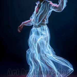 AI-generated abstract art of handsome shirtless men dancing with colorful dynamic light rays wrapping around their bodies. Cosmic, surreal, vivid digital art by Jeff Dupler.