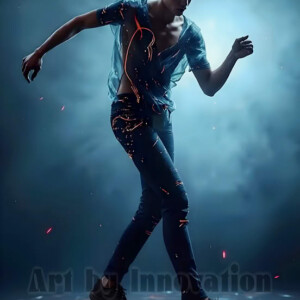 AI-generated abstract art of handsome shirtless men dancing with colorful dynamic light rays wrapping around their bodies. Cosmic, surreal, vivid digital art by Jeff Dupler.