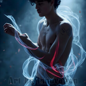 AI-generated abstract art of handsome shirtless men dancing with colorful dynamic light rays wrapping around their bodies. Cosmic, surreal, vivid digital art by Jeff Dupler.