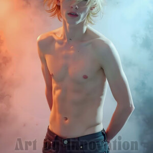 AI-generated abstract art of handsome shirtless men dancing with colorful dynamic light rays wrapping around their bodies. Cosmic, surreal, vivid digital art by Jeff Dupler.
