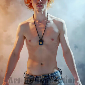 AI-generated abstract art of handsome shirtless men dancing with colorful dynamic light rays wrapping around their bodies. Cosmic, surreal, vivid digital art by Jeff Dupler.