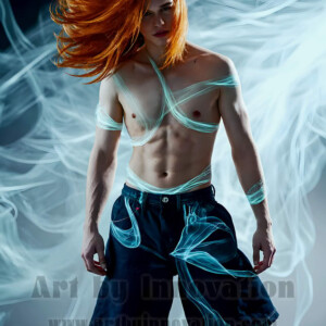 AI-generated abstract art of handsome shirtless men dancing with colorful dynamic light rays wrapping around their bodies. Cosmic, surreal, vivid digital art by Jeff Dupler.