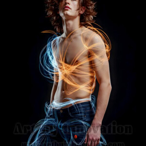 AI-generated abstract art of handsome shirtless men dancing with colorful dynamic light rays wrapping around their bodies. Cosmic, surreal, vivid digital art by Jeff Dupler.