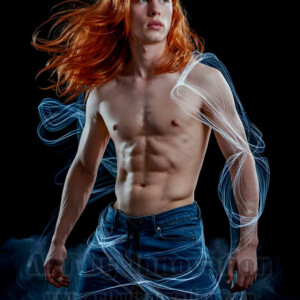 AI-generated abstract art of handsome shirtless men dancing with colorful dynamic light rays wrapping around their bodies. Cosmic, surreal, vivid digital art by Jeff Dupler.