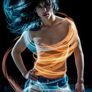 AI-generated abstract art of handsome shirtless men dancing with colorful dynamic light rays wrapping around their bodies. Cosmic, surreal, vivid digital art by Jeff Dupler.