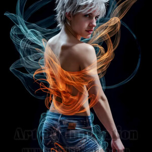 AI-generated abstract art of handsome shirtless men dancing with colorful dynamic light rays wrapping around their bodies. Cosmic, surreal, vivid digital art by Jeff Dupler.