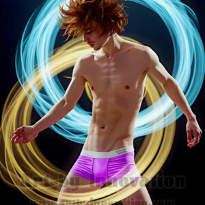 AI-generated abstract art of handsome shirtless men dancing with colorful dynamic light rays wrapping around their bodies. Cosmic, surreal, vivid digital art by Jeff Dupler.