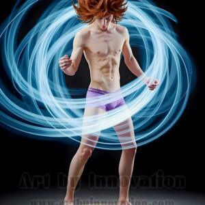 AI-generated abstract art of handsome shirtless men dancing with colorful dynamic light rays wrapping around their bodies. Cosmic, surreal, vivid digital art by Jeff Dupler.