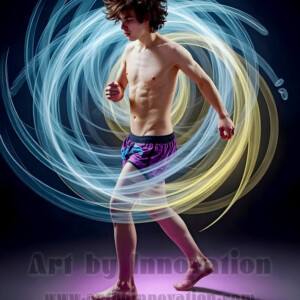 AI-generated abstract art of handsome shirtless men dancing with colorful dynamic light rays wrapping around their bodies. Cosmic, surreal, vivid digital art by Jeff Dupler.