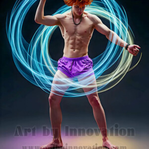 AI-generated abstract art of handsome shirtless men dancing with colorful dynamic light rays wrapping around their bodies. Cosmic, surreal, vivid digital art by Jeff Dupler.