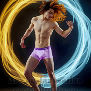 AI-generated abstract art of handsome shirtless men dancing with colorful dynamic light rays wrapping around their bodies. Cosmic, surreal, vivid digital art by Jeff Dupler.