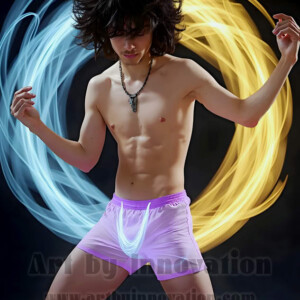 AI-generated abstract art of handsome shirtless men dancing with colorful dynamic light rays wrapping around their bodies. Cosmic, surreal, vivid digital art by Jeff Dupler.