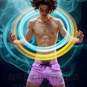 AI-generated abstract art of handsome shirtless men dancing with colorful dynamic light rays wrapping around their bodies. Cosmic, surreal, vivid digital art by Jeff Dupler.