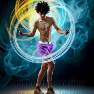 AI-generated abstract art of handsome shirtless men dancing with colorful dynamic light rays wrapping around their bodies. Cosmic, surreal, vivid digital art by Jeff Dupler.