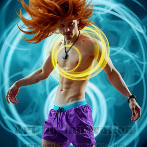 AI-generated abstract art of handsome shirtless men dancing with colorful dynamic light rays wrapping around their bodies. Cosmic, surreal, vivid digital art by Jeff Dupler.