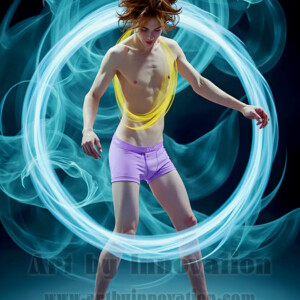 AI-generated abstract art of handsome shirtless men dancing with colorful dynamic light rays wrapping around their bodies. Cosmic, surreal, vivid digital art by Jeff Dupler.