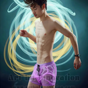 AI-generated abstract art of handsome shirtless men dancing with colorful dynamic light rays wrapping around their bodies. Cosmic, surreal, vivid digital art by Jeff Dupler.