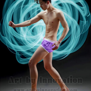 AI-generated abstract art of handsome shirtless men dancing with colorful dynamic light rays wrapping around their bodies. Cosmic, surreal, vivid digital art by Jeff Dupler.