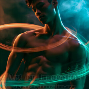AI-generated abstract art of handsome shirtless men dancing with colorful dynamic light rays wrapping around their bodies. Cosmic, surreal, vivid digital art by Jeff Dupler.