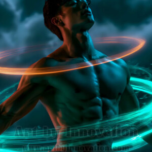 AI-generated abstract art of handsome shirtless men dancing with colorful dynamic light rays wrapping around their bodies. Cosmic, surreal, vivid digital art by Jeff Dupler.