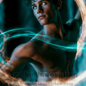 AI-generated abstract art of handsome shirtless men dancing with colorful dynamic light rays wrapping around their bodies. Cosmic, surreal, vivid digital art by Jeff Dupler.