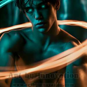 AI-generated abstract art of handsome shirtless men dancing with colorful dynamic light rays wrapping around their bodies. Cosmic, surreal, vivid digital art by Jeff Dupler.