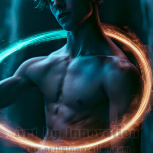 AI-generated abstract art of handsome shirtless men dancing with colorful dynamic light rays wrapping around their bodies. Cosmic, surreal, vivid digital art by Jeff Dupler.