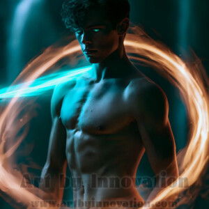 AI-generated abstract art of handsome shirtless men dancing with colorful dynamic light rays wrapping around their bodies. Cosmic, surreal, vivid digital art by Jeff Dupler.