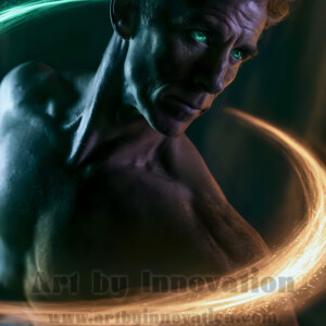 AI-generated abstract art of handsome shirtless men dancing with colorful dynamic light rays wrapping around their bodies. Cosmic, surreal, vivid digital art by Jeff Dupler.