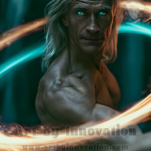 AI-generated abstract art of handsome shirtless men dancing with colorful dynamic light rays wrapping around their bodies. Cosmic, surreal, vivid digital art by Jeff Dupler.
