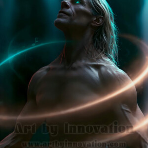 AI-generated abstract art of handsome shirtless men dancing with colorful dynamic light rays wrapping around their bodies. Cosmic, surreal, vivid digital art by Jeff Dupler.