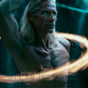 AI-generated abstract art of handsome shirtless men dancing with colorful dynamic light rays wrapping around their bodies. Cosmic, surreal, vivid digital art by Jeff Dupler.